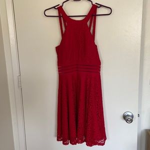 Red lace halter mini dress